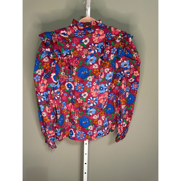 Karlie Magenta London Floral Ruffle Sleeve Blouse Pink Blue Large NWT - Picture 9 of 10